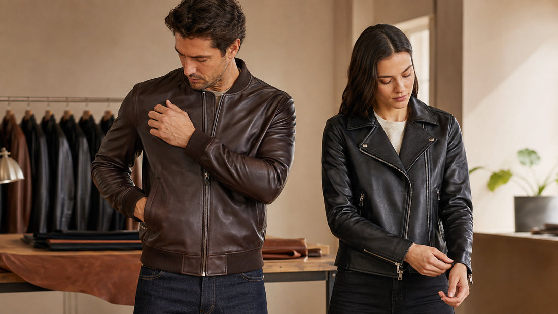 Man and woman checking the shoulder and sleeve fit of their leather jackets