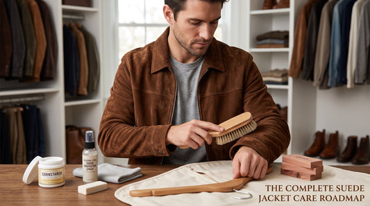 A man in a walk-in closet carefully brushing a brown suede jacket to restore its nap. Suede cleaning products like protector spray and cornstarch are on the table.