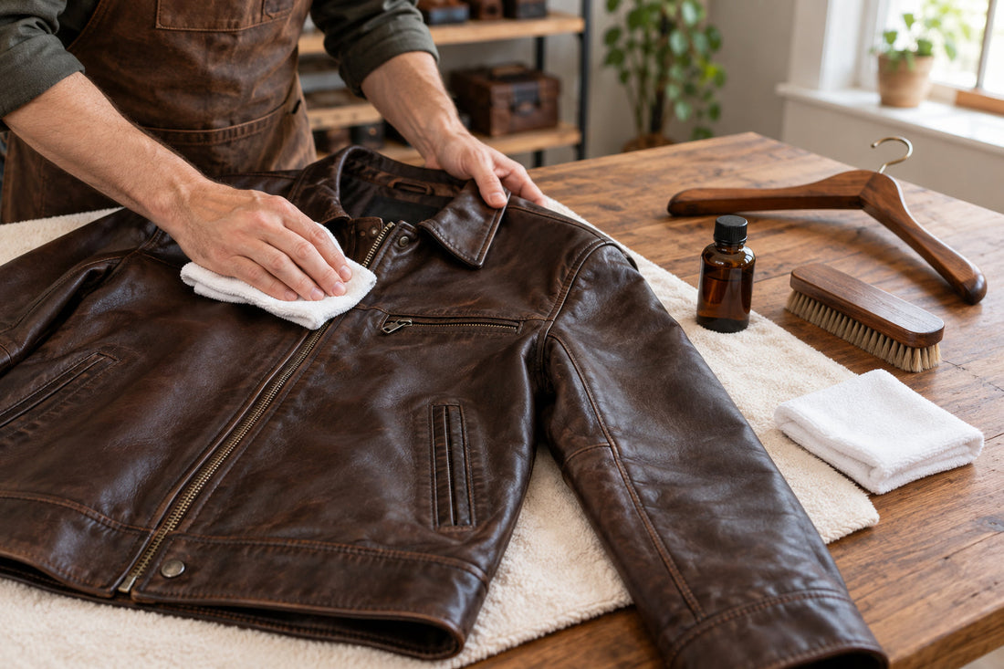 How to clean a leather jacket safely: a leather-care specialist gently wipes a brown jacket with a white microfiber cloth.
