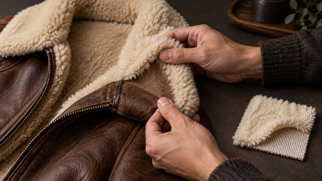 Hands checking the natural hide backing of a genuine shearling leather jacket beside a faux shearling fabric sample