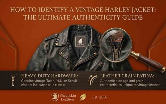 Vintage Harley-Davidson leather jacket authenticity guide showing genuine brass zippers, leather grain patina, and labels on rust-orange backdrop.