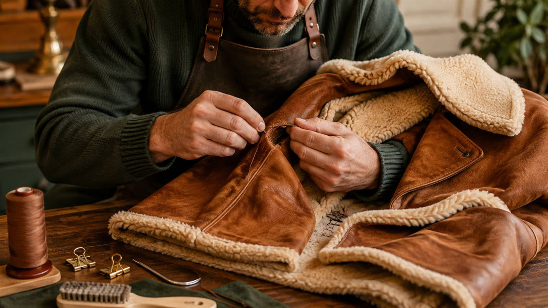 Leather specialist inspecting a torn brown shearling coat at a repair workbench