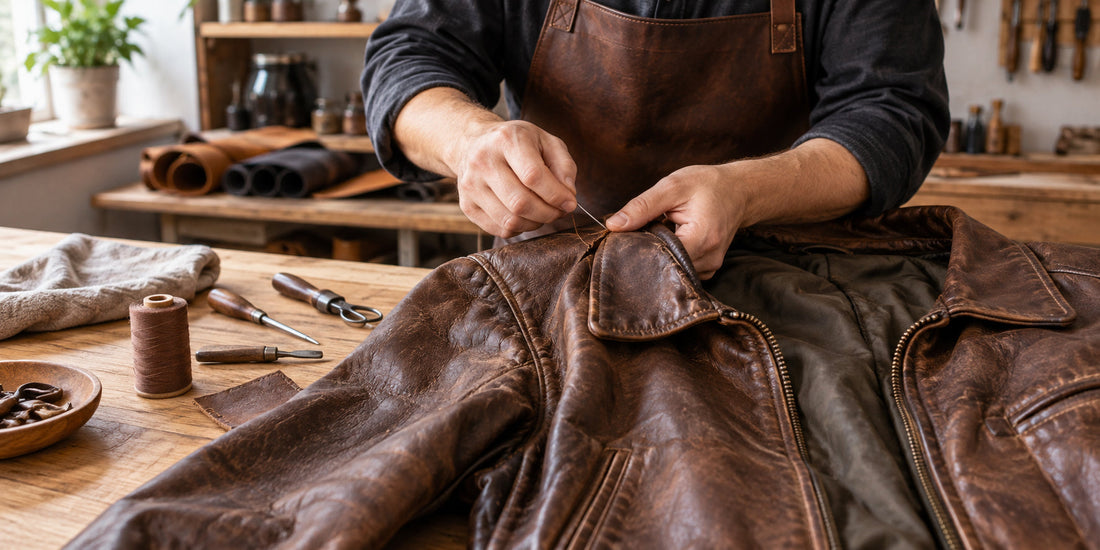 Craftsperson repairing a torn seam on a brown leather jacket by hand