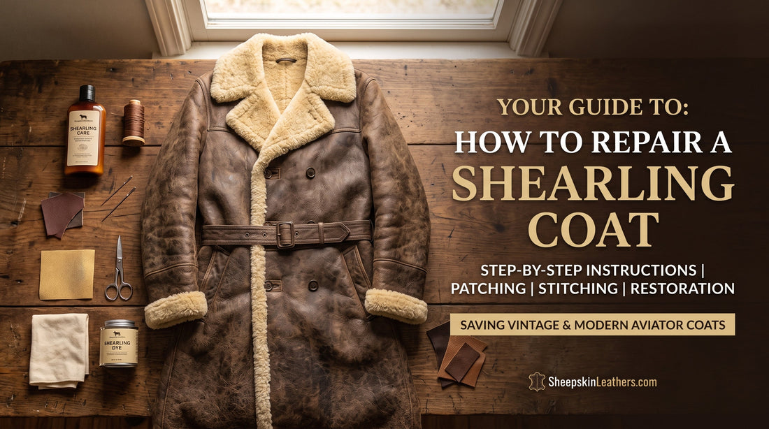 Step-by-step DIY guide for repairing, patching, and conditioning a long brown leather shearling coat