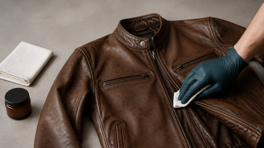 Person gently applying leather conditioner to a smooth brown leather jacket with a lint-free cloth