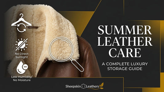 Summer leather jacket care infographic for Sheepskin Leathers with a premium gold backdrop, highlighting an anatomical hanger, sun protection, and low humidity storage requirements.