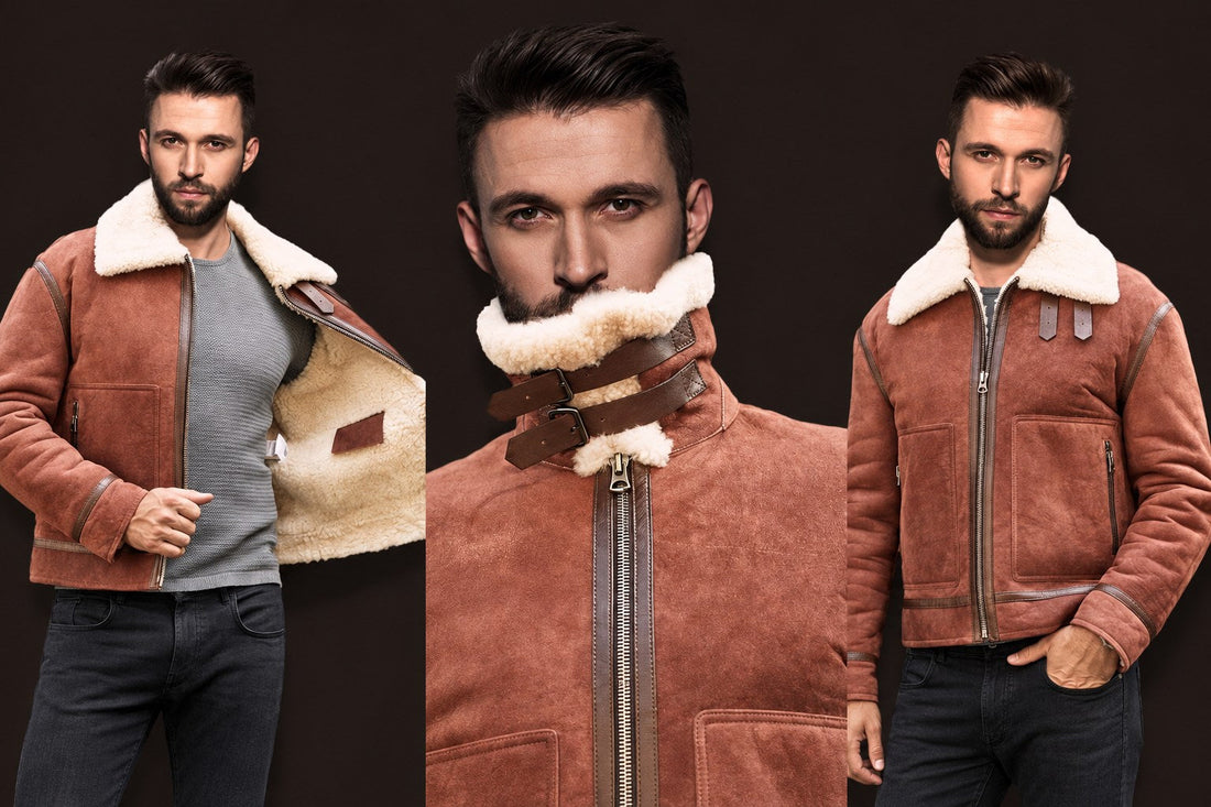 How to style a sheepskin jacket: three views of a man wearing a brown jacket open over a grey sweater, zipped and with the collar raised.