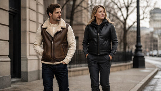 Man and woman wearing layered leather vests on a winter city street