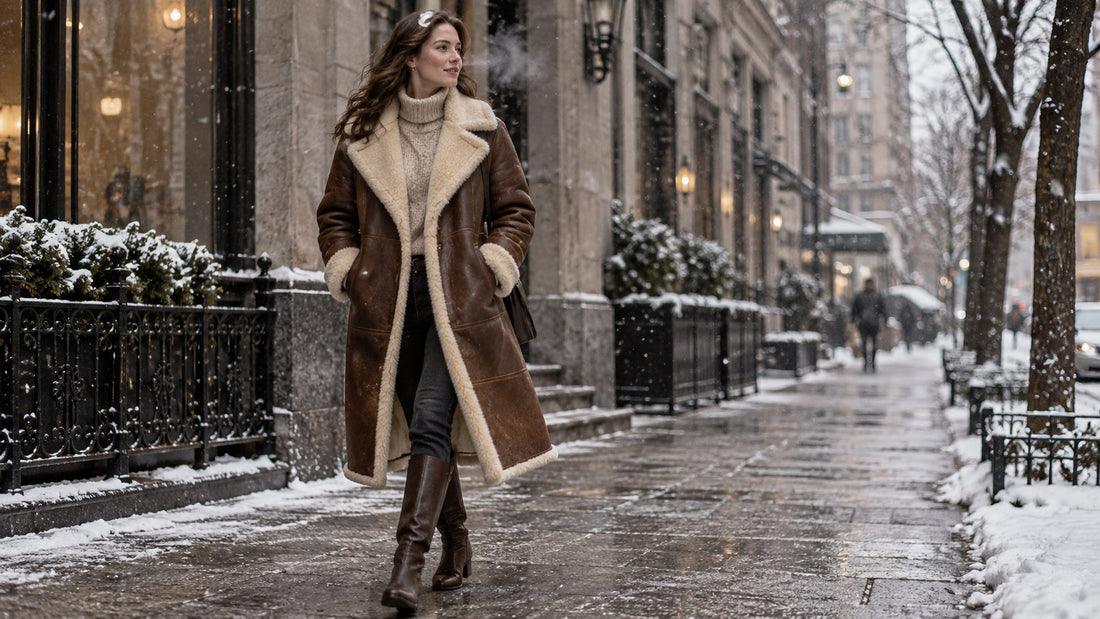 Woman wearing a long brown shearling coat with cream wool lining on a snowy city street