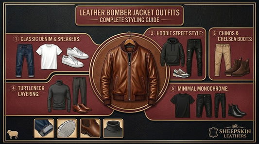 Leather bomber jacket outfits infographic styling guide covering 5 outfit formulas with custom gold border frame and Sheepskin Leathers branding.