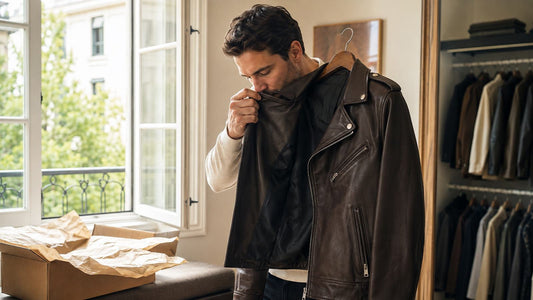 Man inspecting the unusual chemical smell of a newly unpacked brown leather jacket near an open window