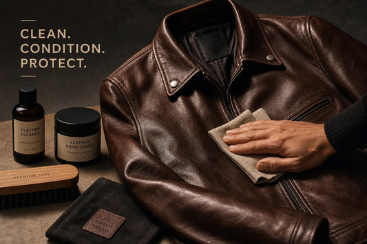 Brown leather jacket maintenance with cleaner, conditioner, care brush and soft cloth