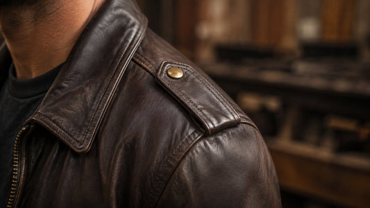 Close-up of a brown leather jacket shoulder strap, also called an epaulet