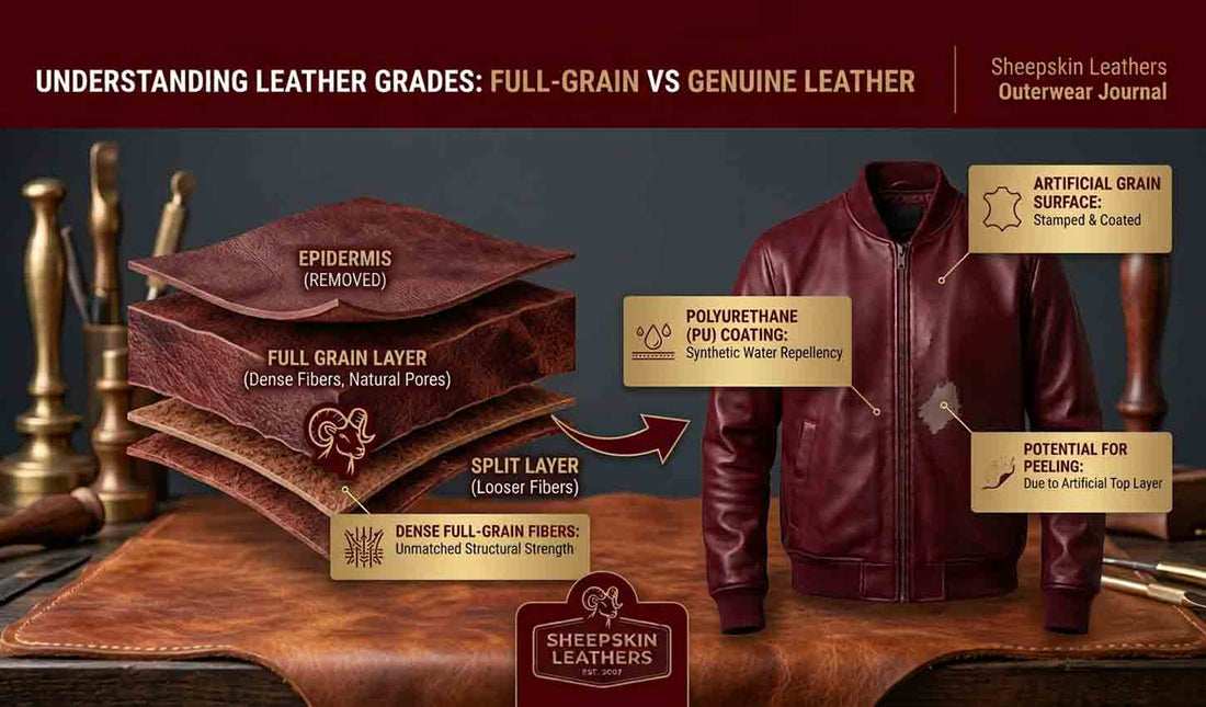 Infographic cross-section diagram showing animal hide leather layers including full grain layer and split leather alongside a deep burgundy leather bomber jacket on a artisan workshop desk.