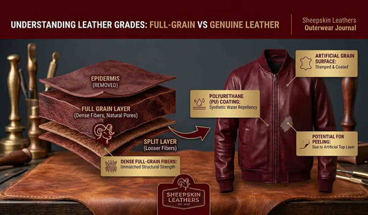 Infographic cross-section diagram showing animal hide leather layers including full grain layer and split leather alongside a deep burgundy leather bomber jacket on a artisan workshop desk.