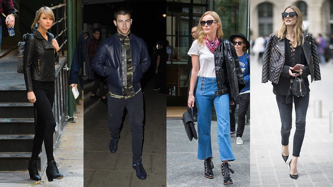 Celebrities wearing black leather flight jacket, showcasing a timeless aviator-inspired fashion look.