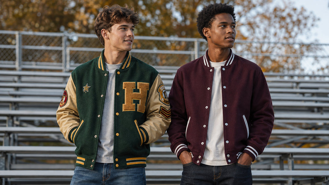 Traditional letterman jacket with leather sleeves beside a modern varsity jacket