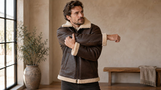 Man gently stretching his arms while wearing a brown genuine shearling coat