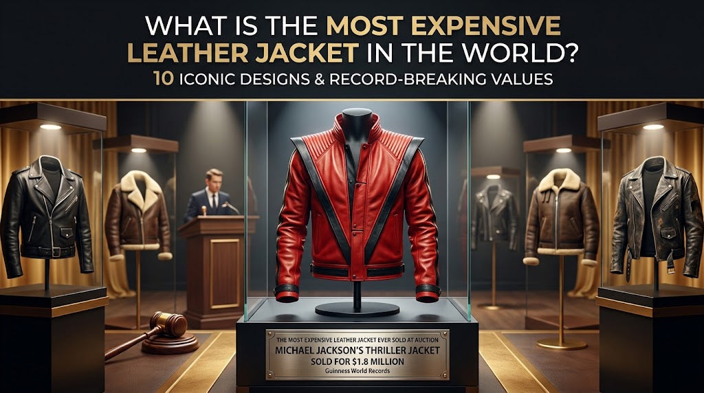 Illustration of a red Thriller-style leather jacket displayed with luxury leather jackets