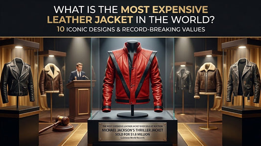 Illustration of a red Thriller-style leather jacket displayed with luxury leather jackets