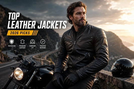 Motorcycle leather jacket review cover showing a man in a black leather jacket beside a motorcycle on a mountain road, with 2026 picks text.
