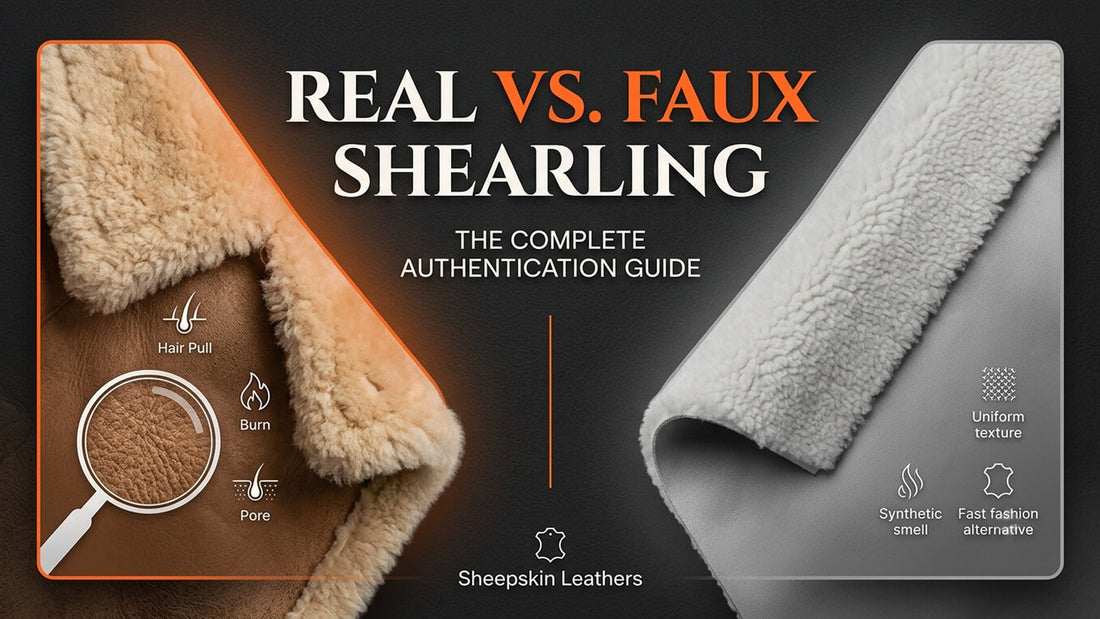 Real vs faux shearling authentication infographic for Sheepskin Leathers featuring genuine hide under a magnifying glass vs a synthetic alternative.