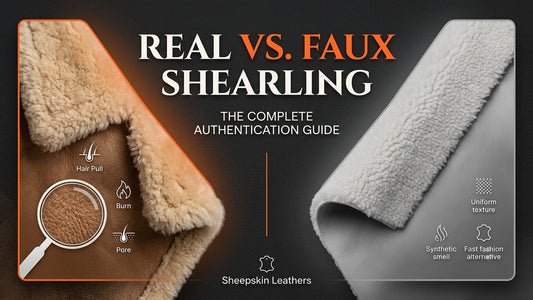 Real vs faux shearling authentication infographic for Sheepskin Leathers featuring genuine hide under a magnifying glass vs a synthetic alternative.