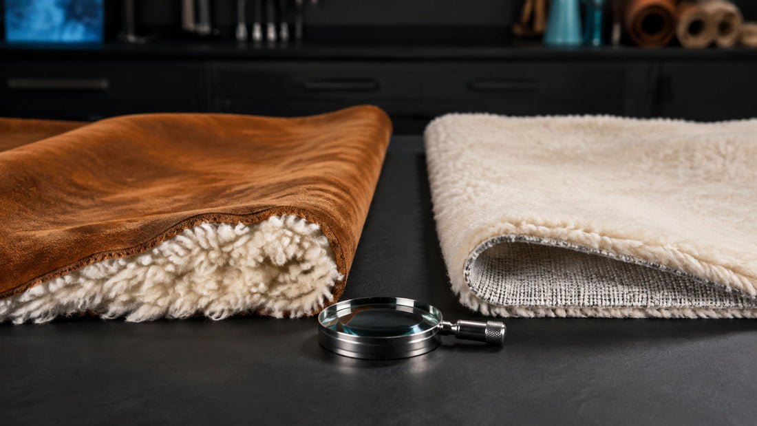 Real brown shearling hide and faux cream shearling fabric compared on an inspection table