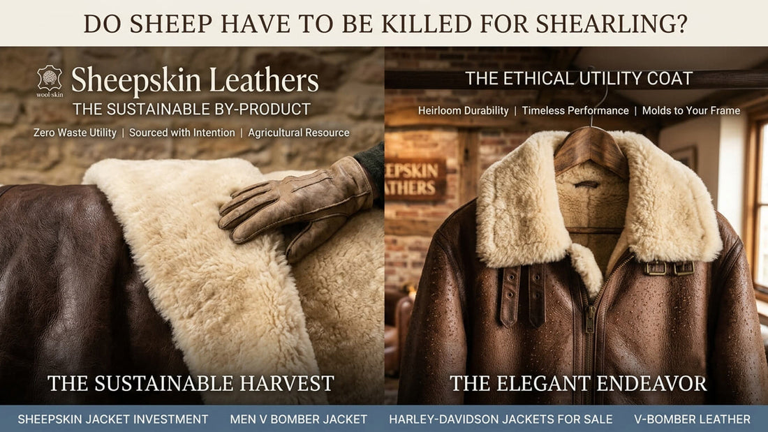 A conceptual split comparison banner showing a raw premium natural sheepskin pelt on the left and a tailored vintage brown B3 bomber jacket on the right to explain ethical sourcing and sustainable by-product utility.