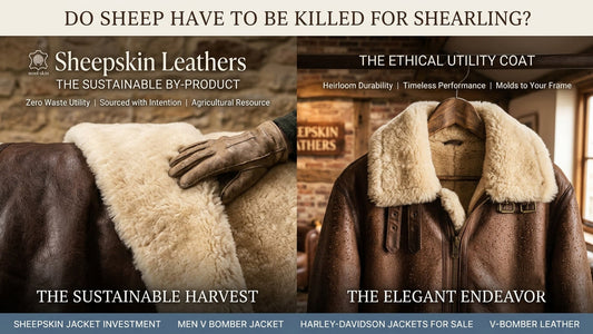 A conceptual split comparison banner showing a raw premium natural sheepskin pelt on the left and a tailored vintage brown B3 bomber jacket on the right to explain ethical sourcing and sustainable by-product utility.