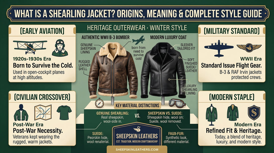 Infographic detailing what is a shearling jacket, its history from WWII B-3 bombers to modern winter style guide by Sheepskin Leathers.