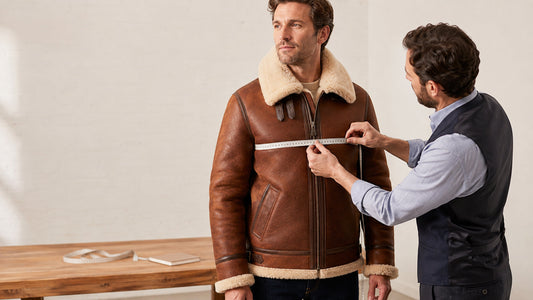 Tailor measuring the chest of a man wearing a brown shearling jacket for the correct fit