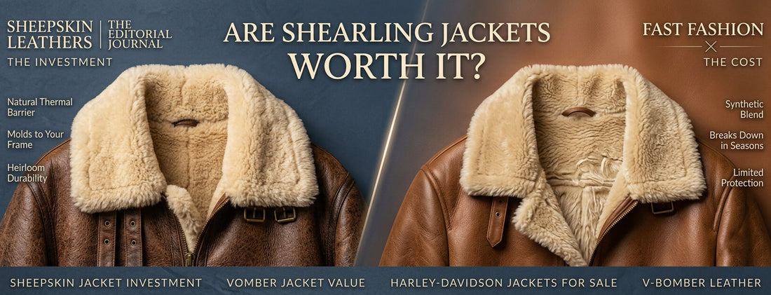Side-by-side premium comparison between a luxury sheepskin leather jacket and a fast-fashion jacket for a cost vs value analysis.