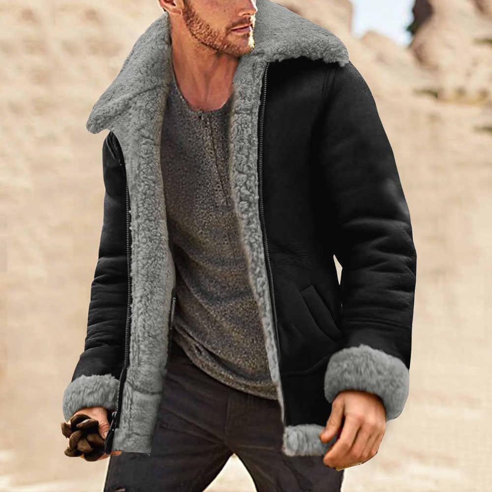 Close-up of classic shearling aviator jacket with thick wool lining for cold climates