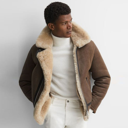 Eco-friendly shearling jacket displayed, showcasing its durability, ethical sourcing, and timeless design as a sustainable alternative to fast fashion.