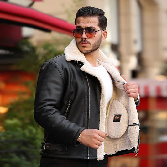 Stylish men’s Airforce shearling leather jacket with soft wool lining, showcasing luxury, warmth, and timeless winter fashion in a classic aviator design.