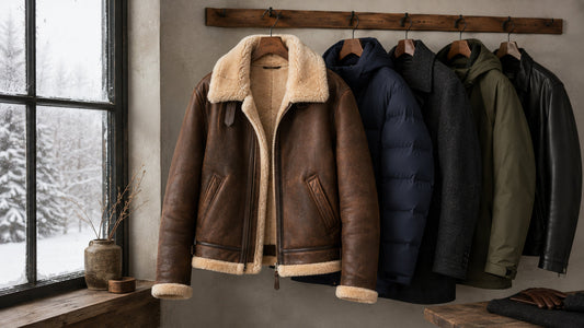 Genuine sheepskin shearling jacket compared with down, wool, synthetic and regular leather winter coats