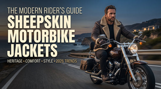The Modern Rider's Guide to Sheepskin Motorbike Jackets featuring a rider on a motorcycle wearing a shearling leather jacket