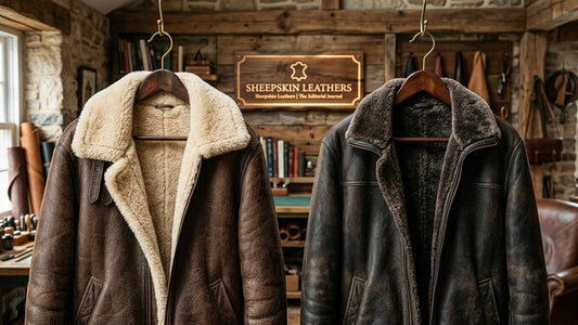 A professional side-by-side texture comparison of rugged mature sheepskin and soft luxury shearling pelt, with the brand name Sheepskin Leathers subtly visible in the background.