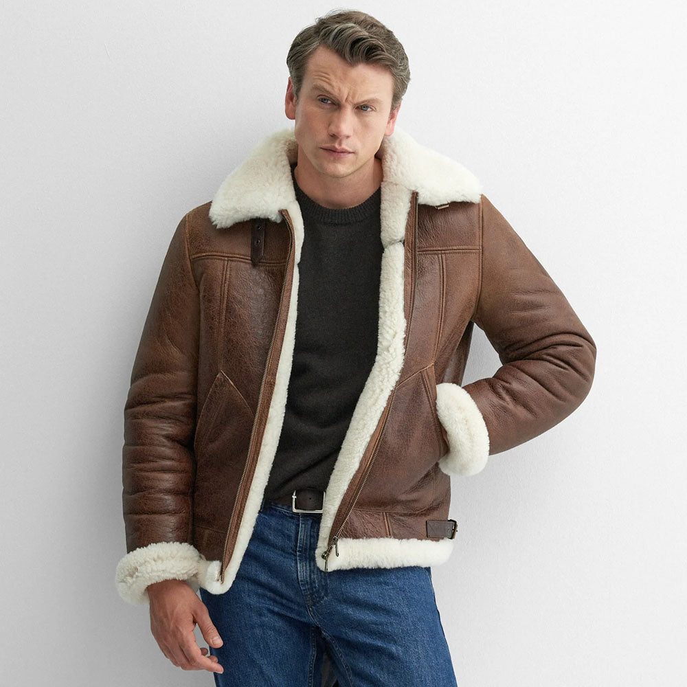 sheepskin leather jacket-Shearling Jacket-Aviator Leather Jacket