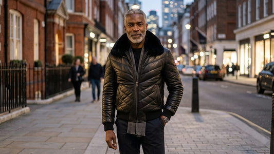 A sophisticated 50-year-old man standing confidently on a premium city street wearing a structured black leather bomber jacket with a plush fur collar.