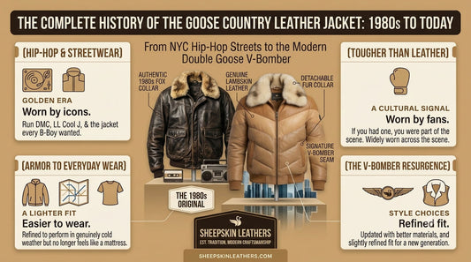 History infographic of Goose Country Leather V-Bomber Jacket comparing 1980s vintage original with modern Double Goose leather jacket.
