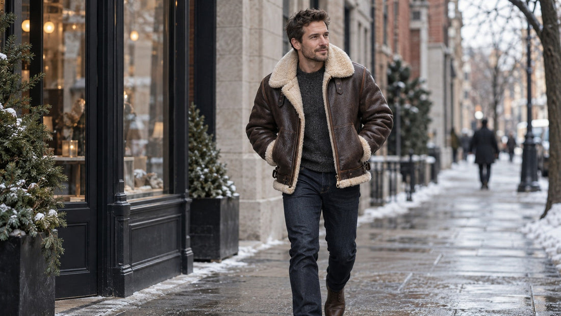 Man wearing a timeless brown B-3 shearling bomber jacket on a winter city street