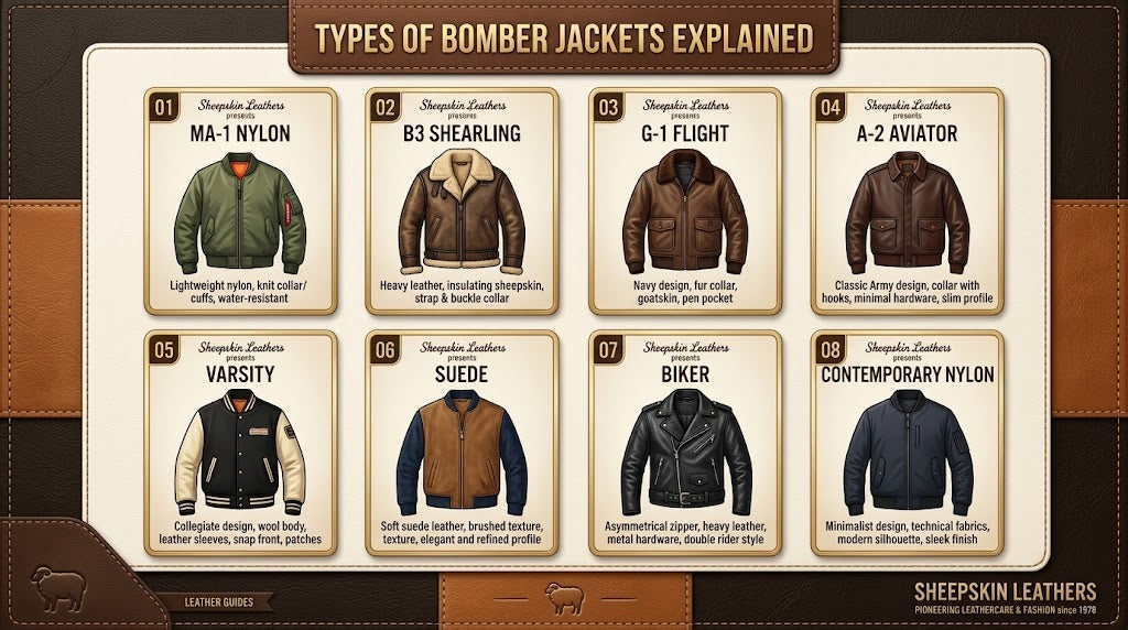 Types of bomber jackets explained 8-card grid comparison visual guide by Sheepskin Leathers showing MA-1, B3 shearling, G-1 flight, A-2 aviator, varsity, suede, biker, and nylon bomber styles.