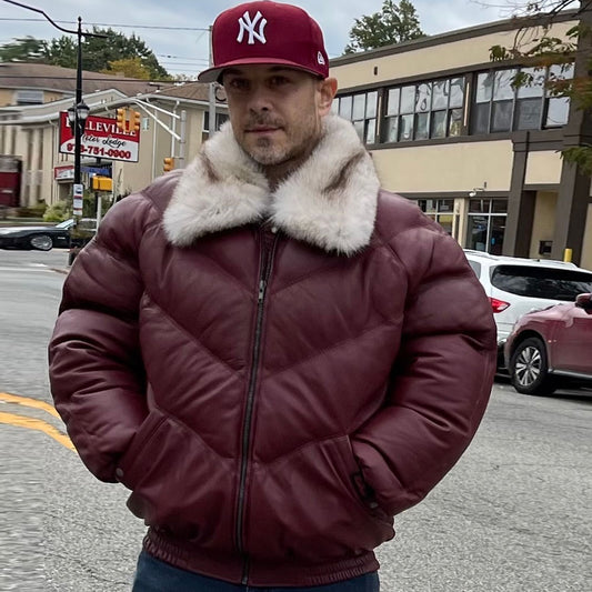 V-Bomber Jacket-Bubble Jacket-Sheepskin Leather Jacket