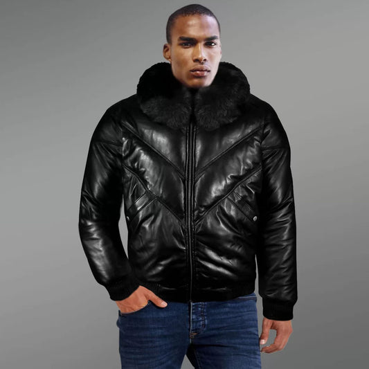 V-Bomber Jacket-Leather Jacket-Bubble Jacket-Sheepskin Jacket