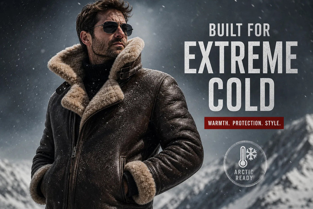 Man wearing the warmest leather jacket for extreme cold, a brown shearling-lined design, in snowy mountain weather.
