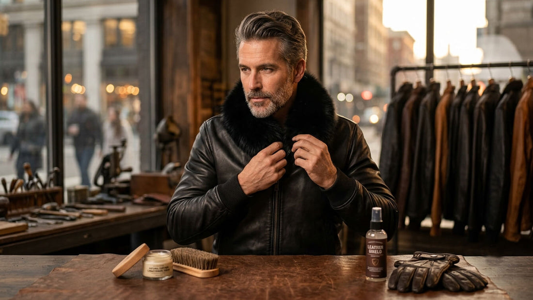 A mature man adjusting a premium black real fur collar on his black leather jacket, with natural leather conditioning balms, a brush, and care spray laid out on a workshop table.