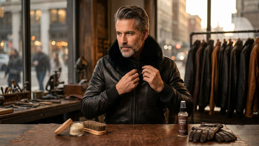A mature man adjusting a premium black real fur collar on his black leather jacket, with natural leather conditioning balms, a brush, and care spray laid out on a workshop table.