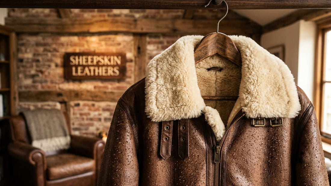 A premium brown shearling leather jacket with water droplets on the pelt, hanging in a luxury loft with the brand name Sheepskin Leathers subtly visible in the background.